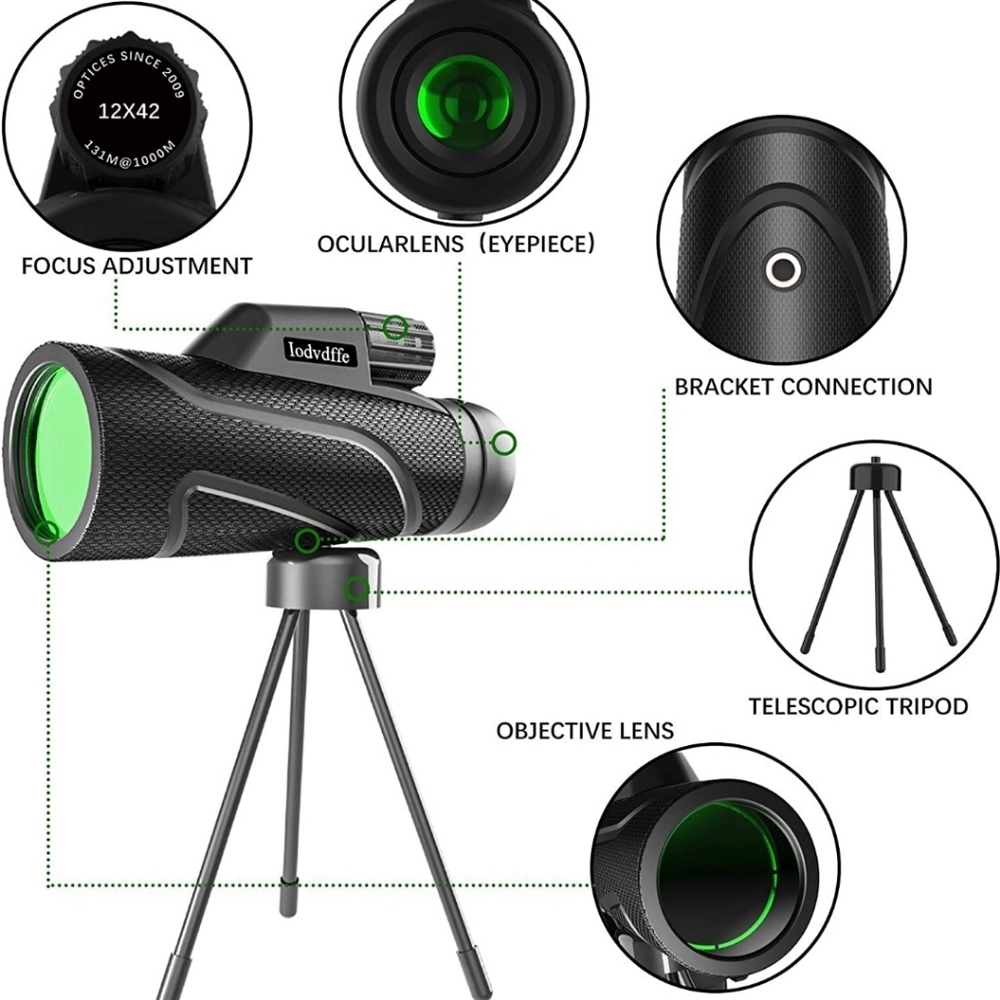 12x42 HD Monocular Telescope with Smartphone Adapter, Upgraded Tripod,High Power